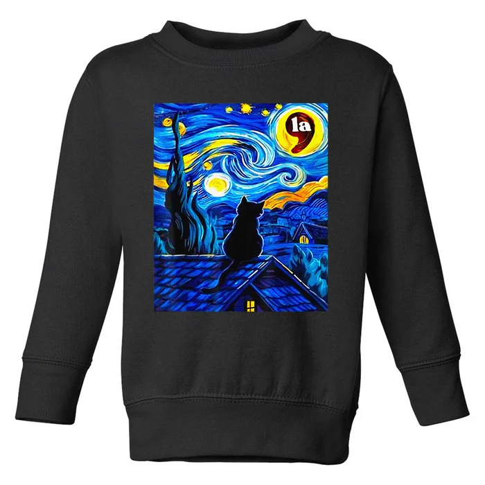 Halloween Starry Night Black Cat Comma La Kamala Harris Gift Toddler Sweatshirt