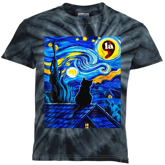 Halloween Starry Night Black Cat Comma La Kamala Harris Gift Kids Tie-Dye T-Shirt