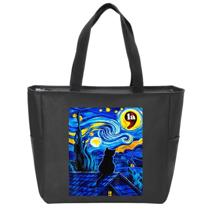 Halloween Starry Night Black Cat Comma La Kamala Harris Gift Zip Tote Bag