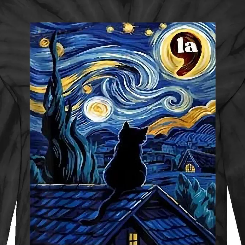 Halloween Starry Night Black Cat Comma La Kamala Harris Tie-Dye Long Sleeve Shirt