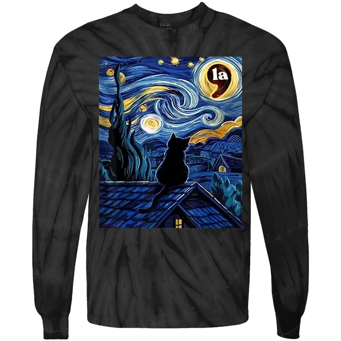 Halloween Starry Night Black Cat Comma La Kamala Harris Tie-Dye Long Sleeve Shirt