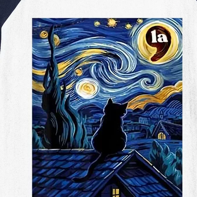 Halloween Starry Night Black Cat Comma La Kamala Harris Baseball Sleeve Shirt