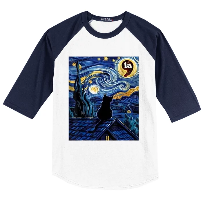 Halloween Starry Night Black Cat Comma La Kamala Harris Baseball Sleeve Shirt