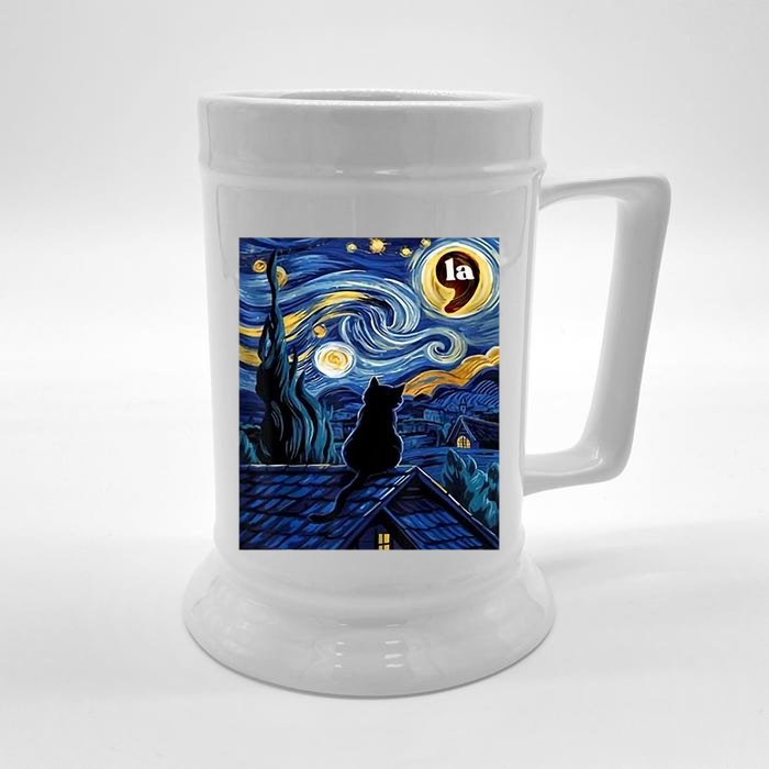 Halloween Starry Night Black Cat Comma La Kamala Harris Front & Back Beer Stein