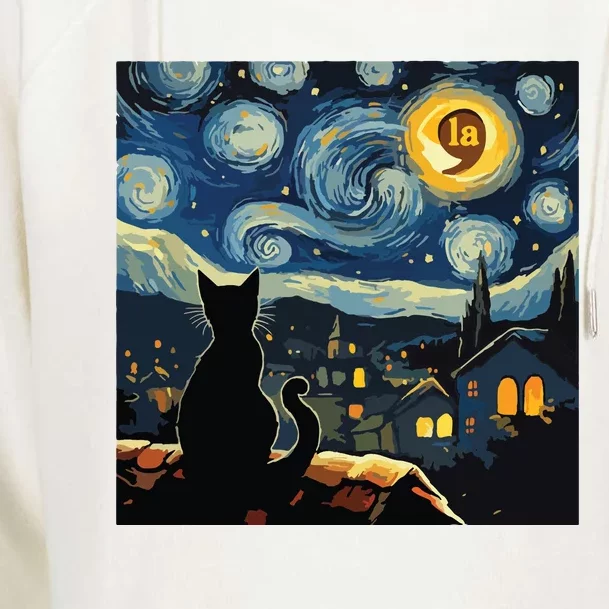 Halloween Starry Night Black Cat Comma La Kamala Harris Womens Funnel Neck Pullover Hood