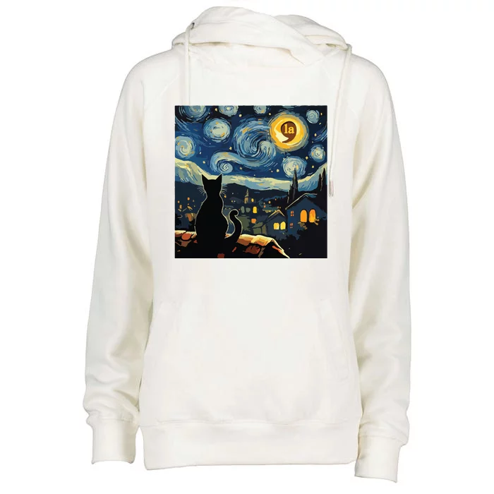 Halloween Starry Night Black Cat Comma La Kamala Harris Womens Funnel Neck Pullover Hood