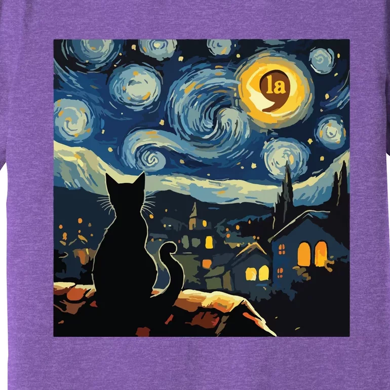 Halloween Starry Night Black Cat Comma La Kamala Harris Premium T-Shirt