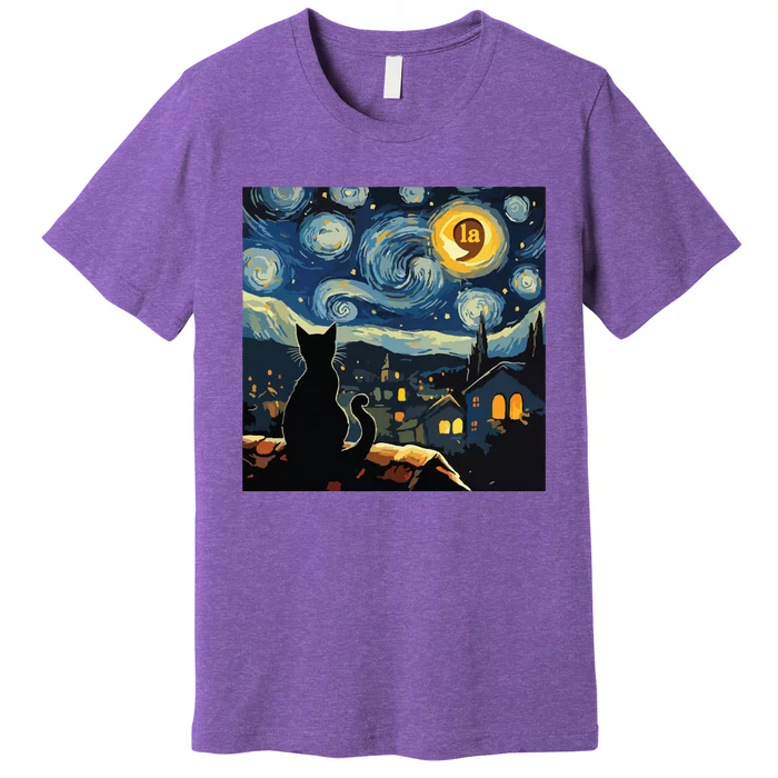 Halloween Starry Night Black Cat Comma La Kamala Harris Premium T-Shirt