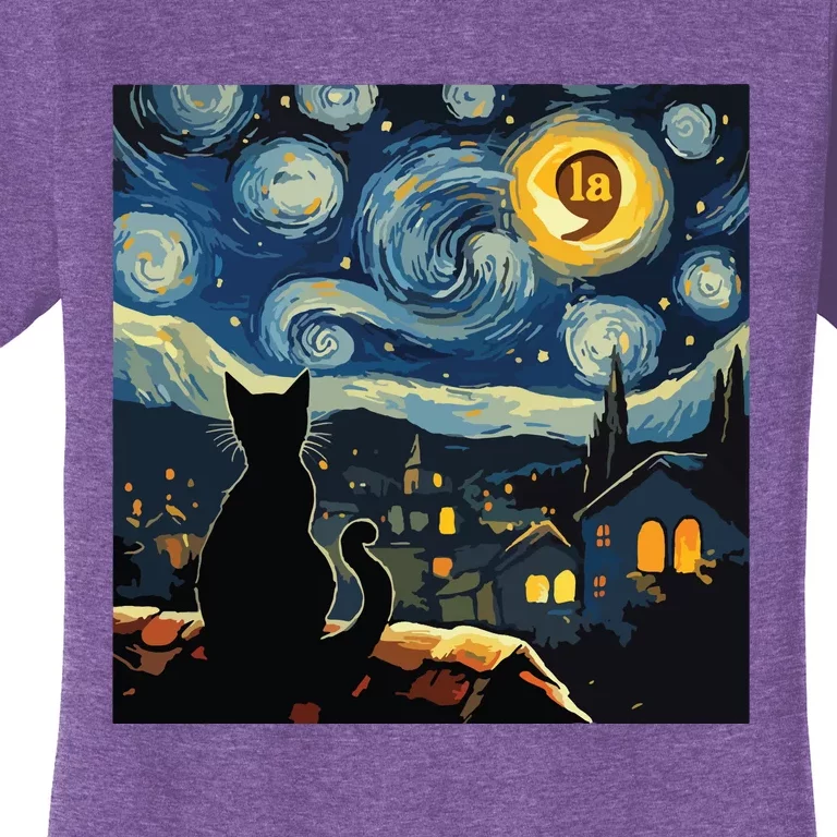 Halloween Starry Night Black Cat Comma La Kamala Harris Women's T-Shirt