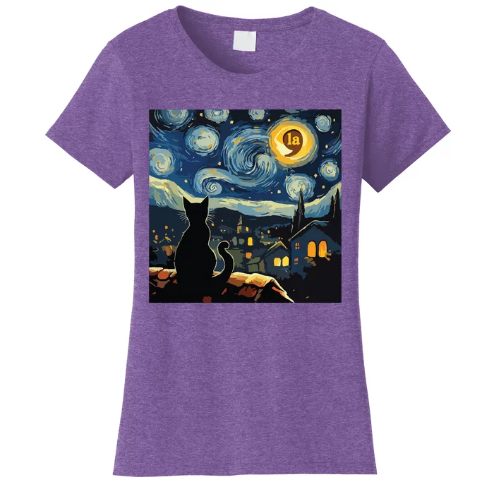 Halloween Starry Night Black Cat Comma La Kamala Harris Women's T-Shirt