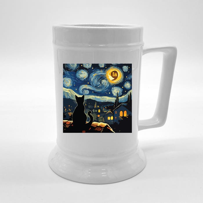 Halloween Starry Night Black Cat Comma La Kamala Harris Front & Back Beer Stein