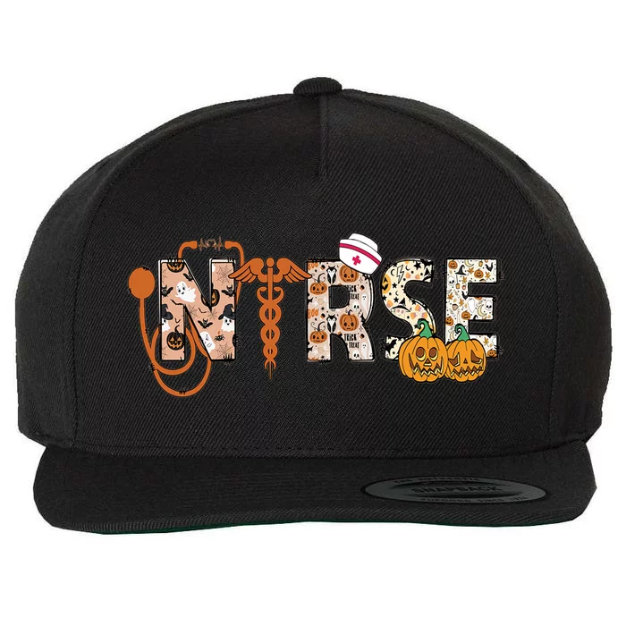 Halloween Spooky Nurse Rn Er Nurse Life Pumpkin Autumn Fall Gift Wool Snapback Cap