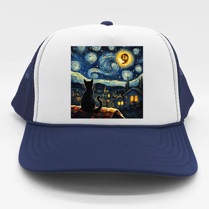 Halloween Starry Night Black Cat Comma La Kamala Harris Gift Trucker Hat