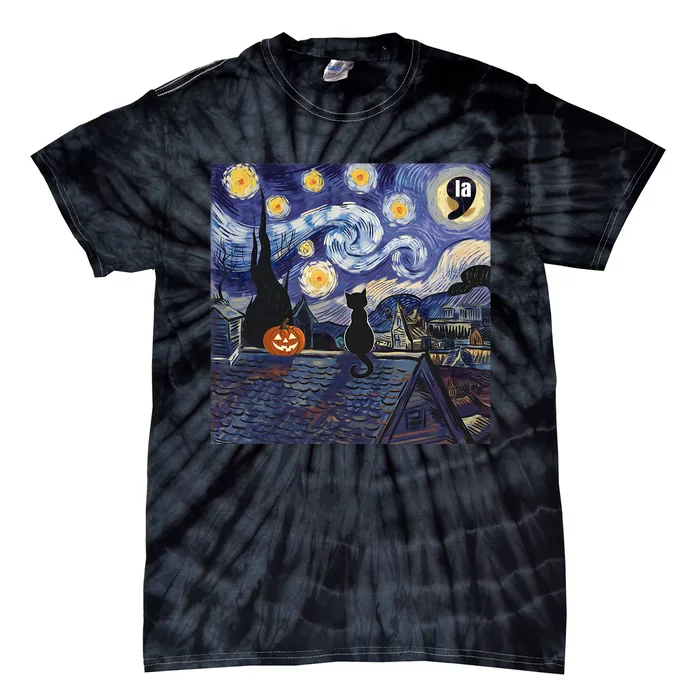 Halloween Starry Night Comma La Black Cat Kamala Harris Moon Tie-Dye T-Shirt