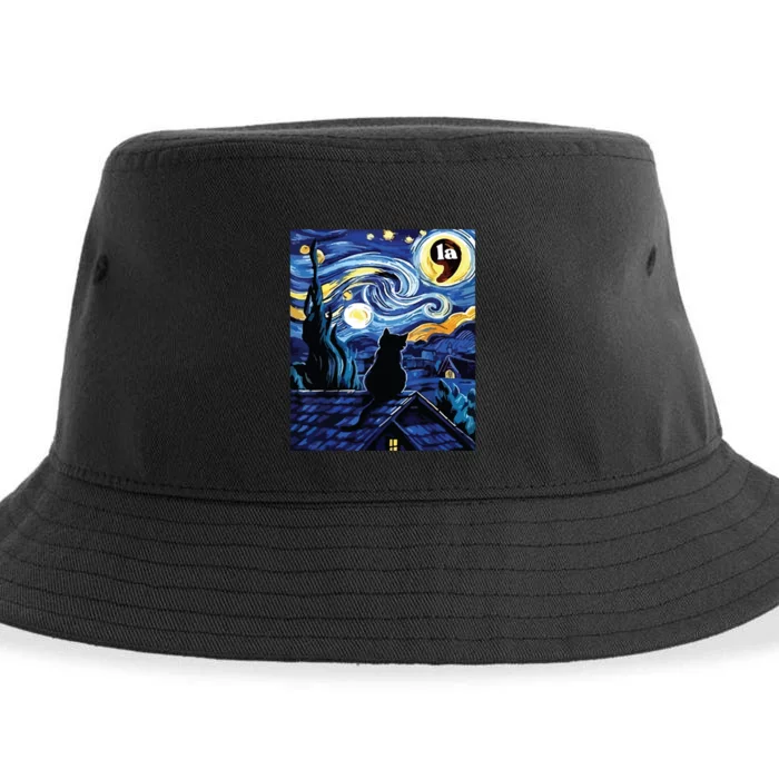 Halloween Starry Night Black Cat Comma La Kamala Harris Sustainable Bucket Hat