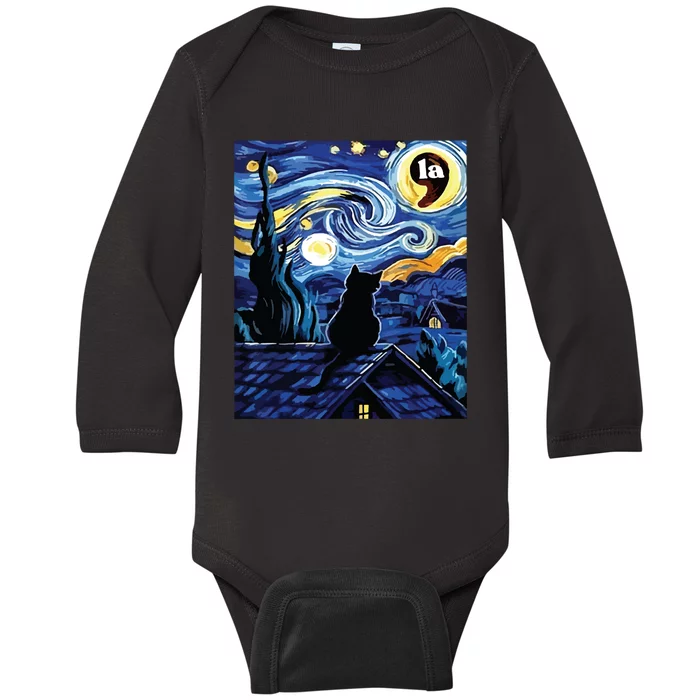 Halloween Starry Night Black Cat Comma La Kamala Harris Baby Long Sleeve Bodysuit