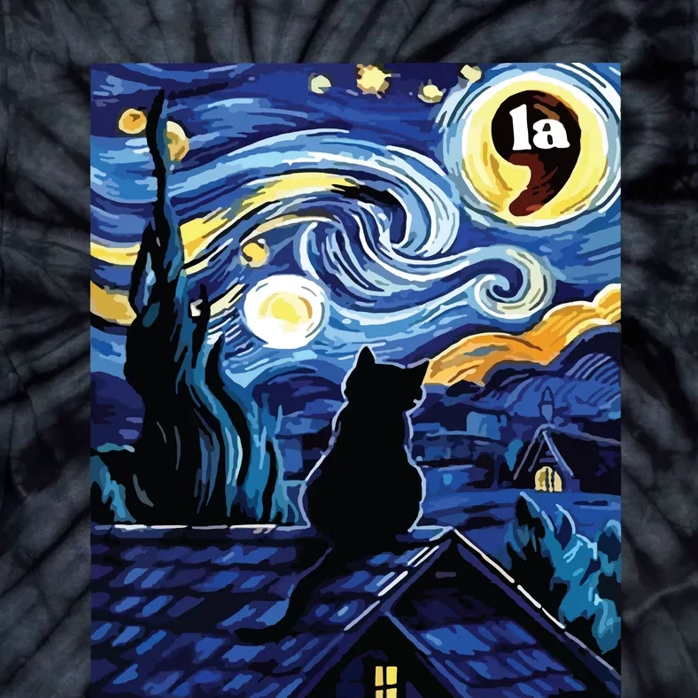 Halloween Starry Night Black Cat Comma La Kamala Harris Tie-Dye T-Shirt