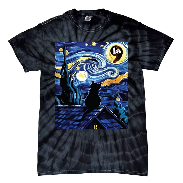 Halloween Starry Night Black Cat Comma La Kamala Harris Tie-Dye T-Shirt