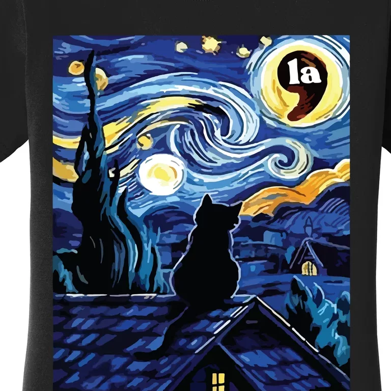 Halloween Starry Night Black Cat Comma La Kamala Harris Women's T-Shirt