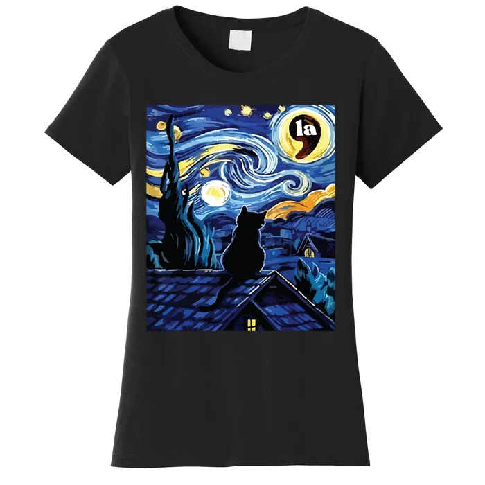 Halloween Starry Night Black Cat Comma La Kamala Harris Women's T-Shirt