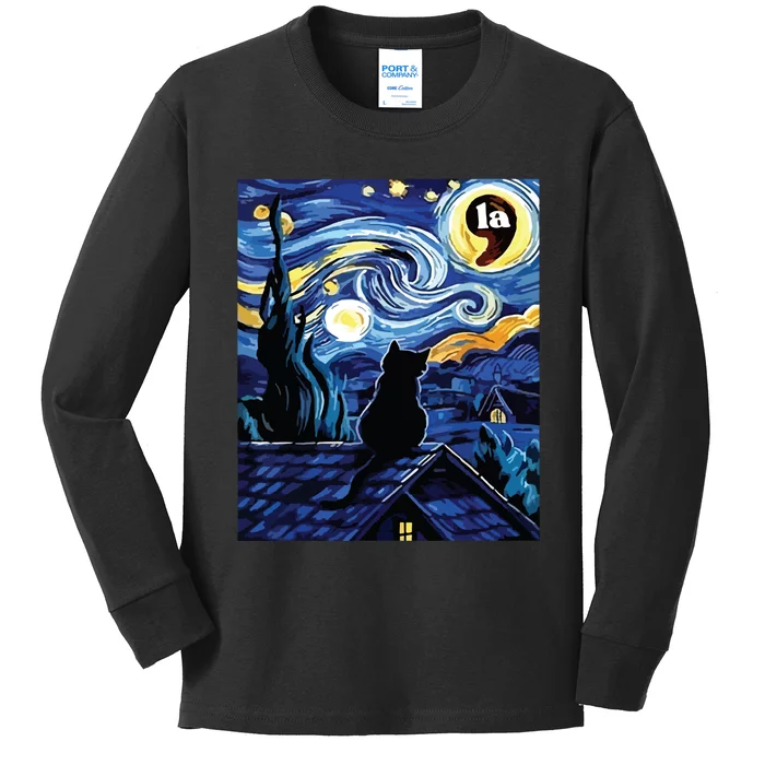 Halloween Starry Night Black Cat Comma La Kamala Harris Kids Long Sleeve Shirt