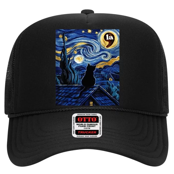 Halloween Starry Night Black Cat Comma La Kamala Harris High Crown Mesh Trucker Hat