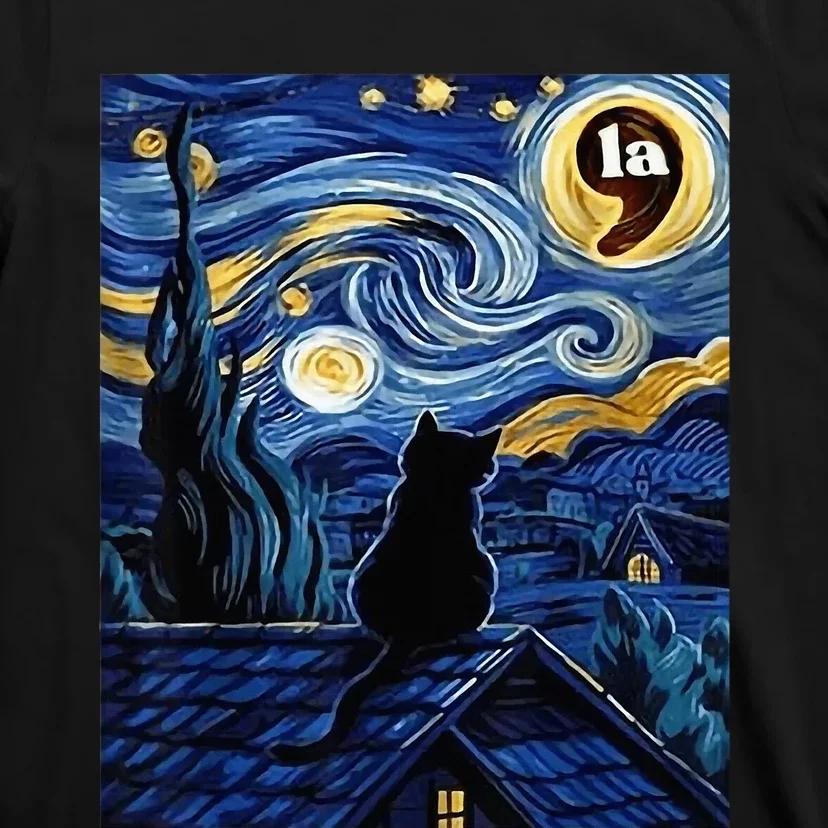 Halloween Starry Night Black Cat Comma La Kamala Harris T-Shirt