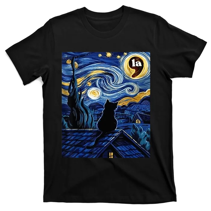 Halloween Starry Night Black Cat Comma La Kamala Harris T-Shirt