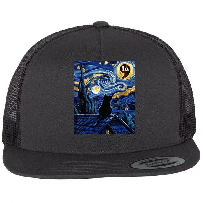 Halloween Starry Night Black Cat Comma La Kamala Harris Flat Bill Trucker Hat