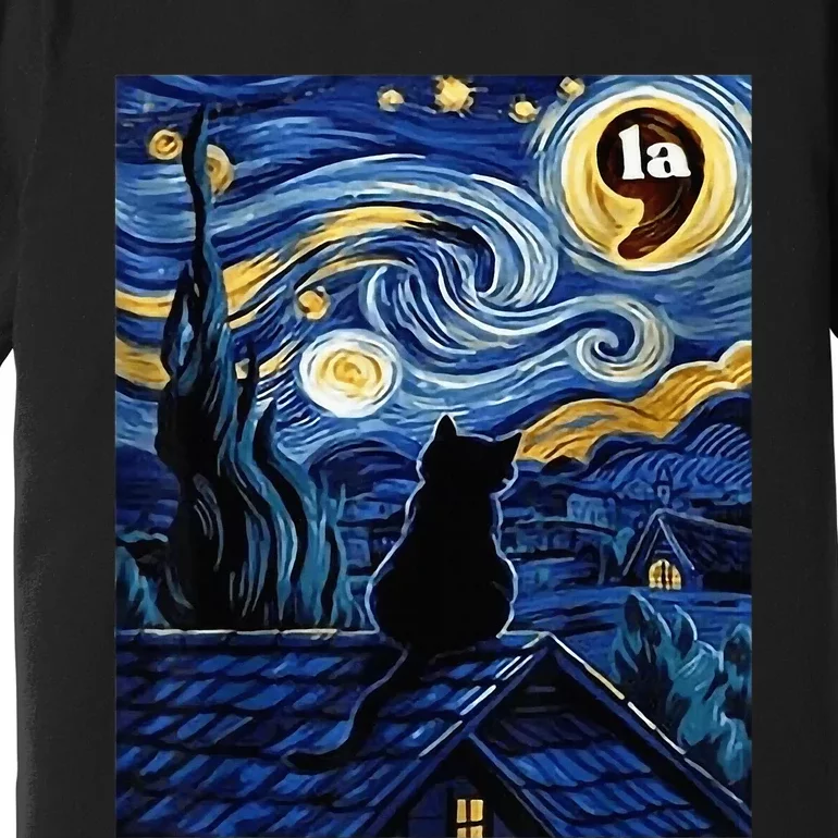 Halloween Starry Night Black Cat Comma La Kamala Harris Premium T-Shirt