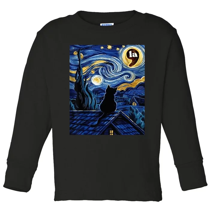 Halloween Starry Night Black Cat Comma La Kamala Harris Toddler Long Sleeve Shirt