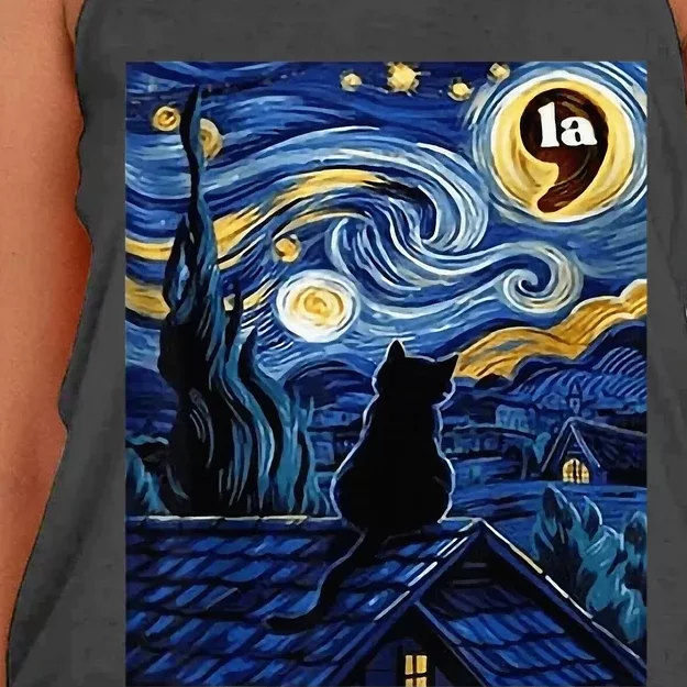 Halloween Starry Night Black Cat Comma La Kamala Harris Women's Knotted Racerback Tank