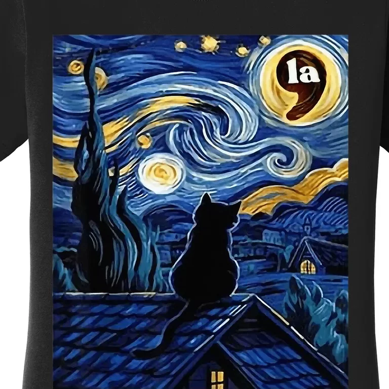 Halloween Starry Night Black Cat Comma La Kamala Harris Women's T-Shirt