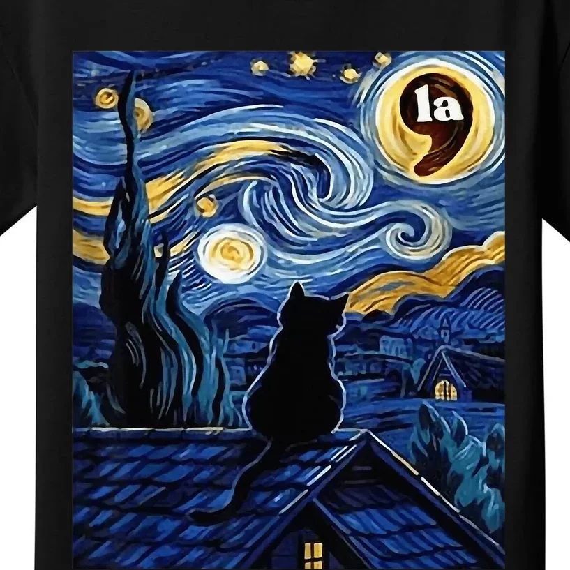 Halloween Starry Night Black Cat Comma La Kamala Harris Kids T-Shirt