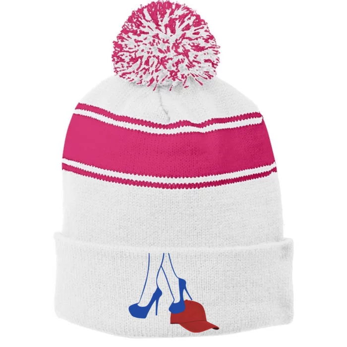 Heels Stepping On Red Hat Stripe Pom Pom Beanie