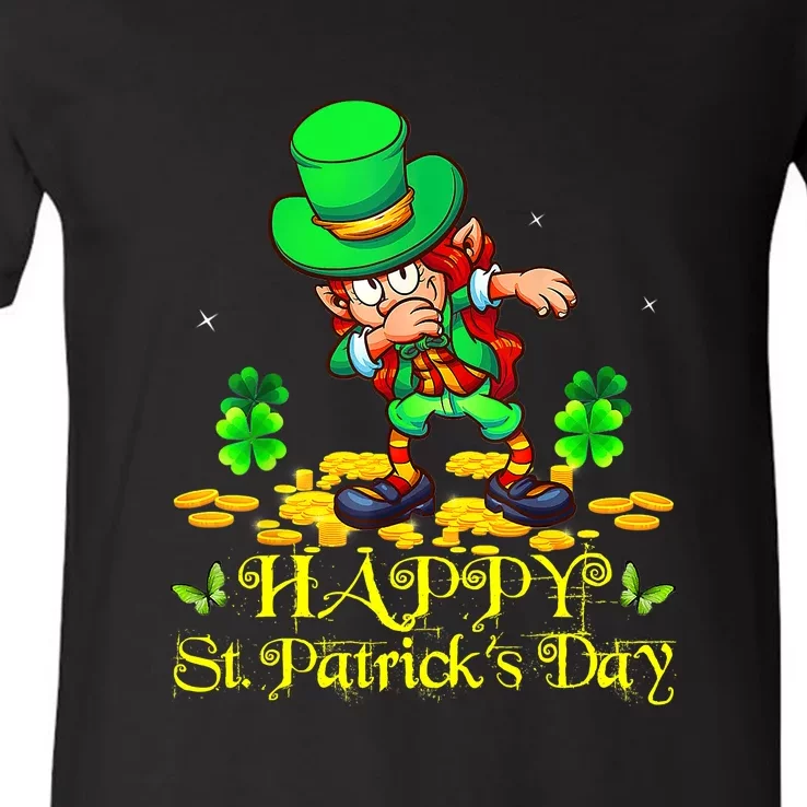 Happy St. Patrick Day Leprechaun Dabbing Ireland Flag V-Neck T-Shirt