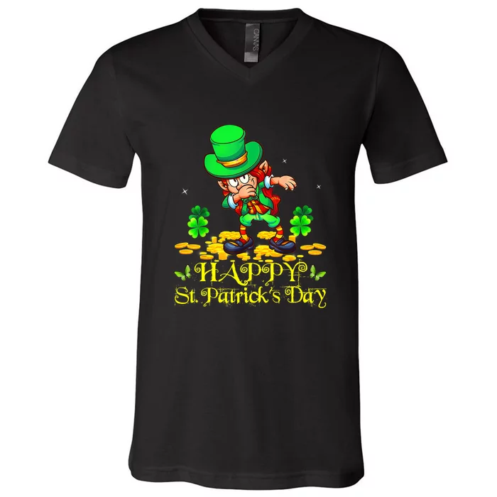 Happy St. Patrick Day Leprechaun Dabbing Ireland Flag V-Neck T-Shirt