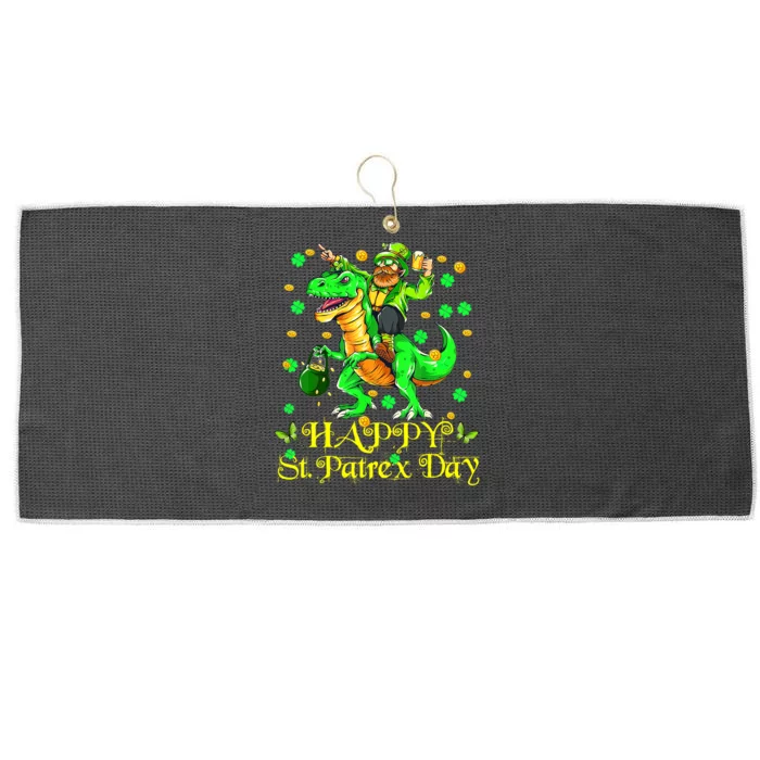 Happy St. Patrick Patrex Day Leprechaun Riding T Rex Drunker Large Microfiber Waffle Golf Towel