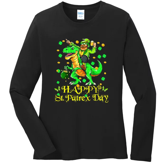 Happy St. Patrick Patrex Day Leprechaun Riding T Rex Drunker Ladies Long Sleeve Shirt