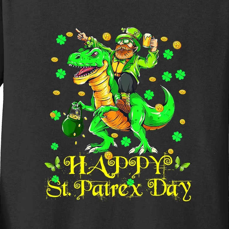 Happy St. Patrick Patrex Day Leprechaun Riding T Rex Drunker Kids Long Sleeve Shirt