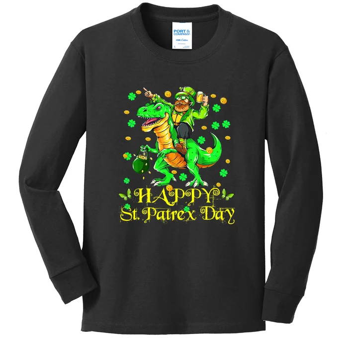 Happy St. Patrick Patrex Day Leprechaun Riding T Rex Drunker Kids Long Sleeve Shirt