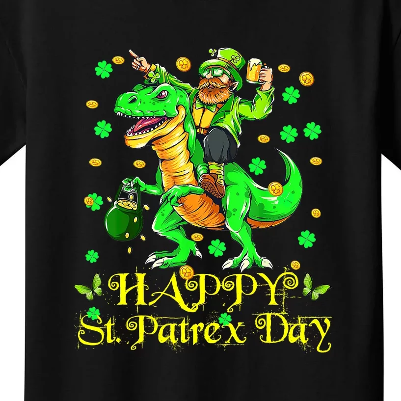 Happy St. Patrick Patrex Day Leprechaun Riding T Rex Drunker Kids T-Shirt