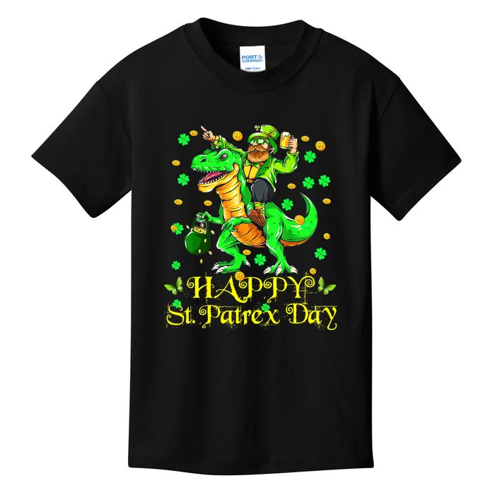 Happy St. Patrick Patrex Day Leprechaun Riding T Rex Drunker Kids T-Shirt