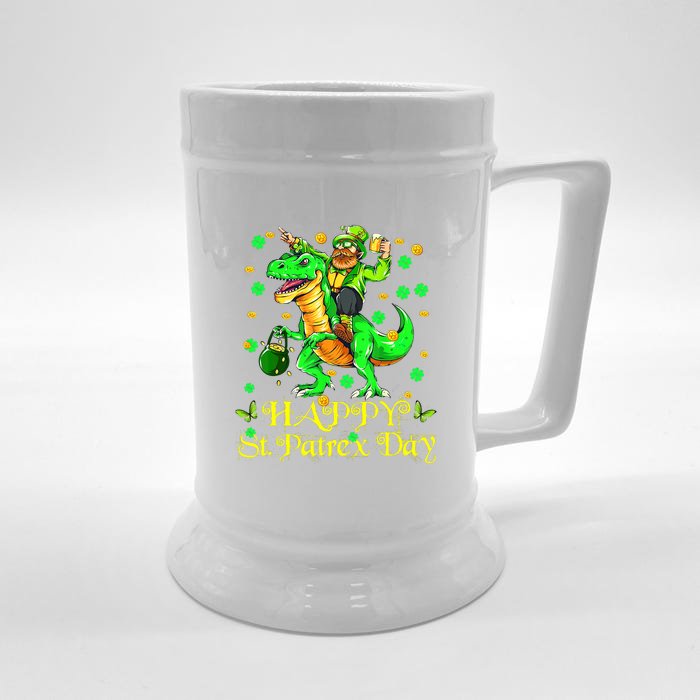 Happy St. Patrick Patrex Day Leprechaun Riding T Rex Drunker Front & Back Beer Stein