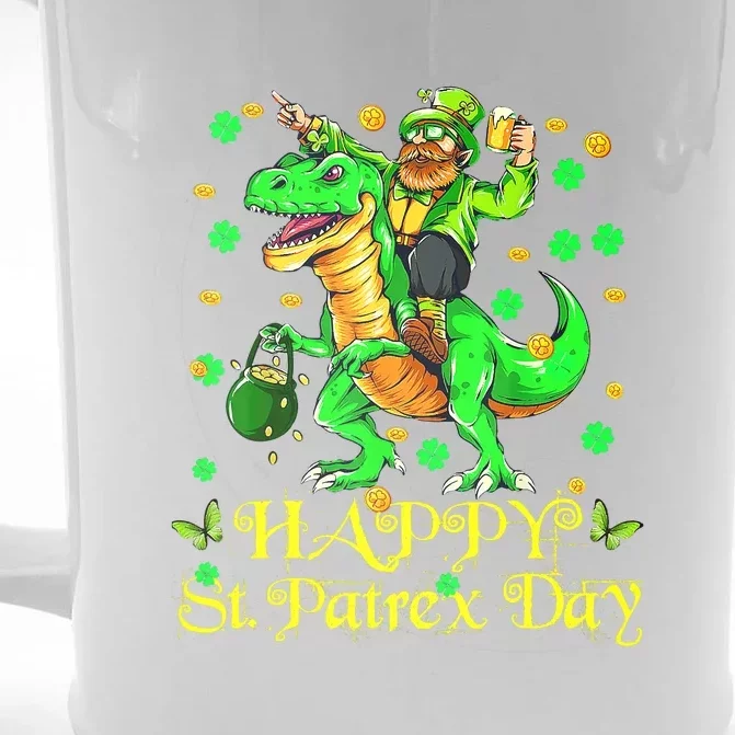 Happy St. Patrick Patrex Day Leprechaun Riding T Rex Drunker Front & Back Beer Stein