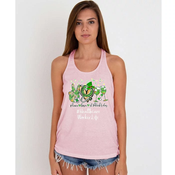 Happy St Patrick Day Healthcare Worker Peace Love Nurse Gift Women's Knotted Racerback Tank