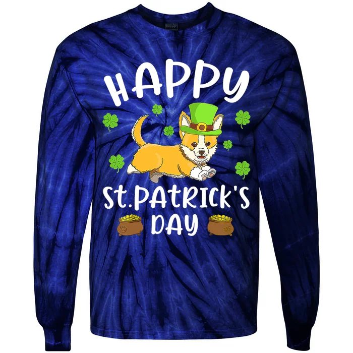 Happy St Patrick's Day Funy Saint Patricks Corgi Dog Gifts Tie-Dye Long Sleeve Shirt