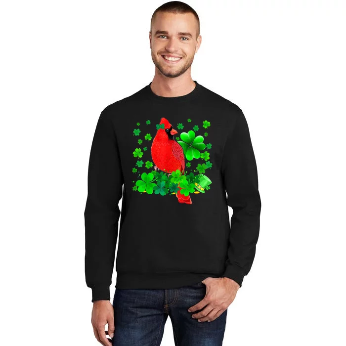 Happy St Patrick's Day Cardinal Bird With Shamrocks Lover Tall Sweatshirt