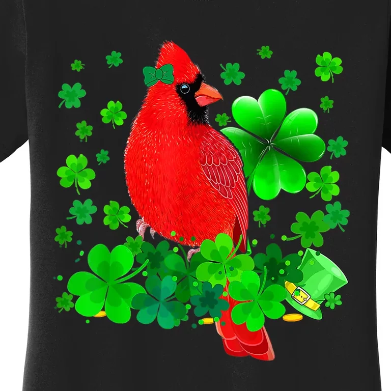 Happy St Patrick's Day Cardinal Bird With Shamrocks Lover Women's T-Shirt