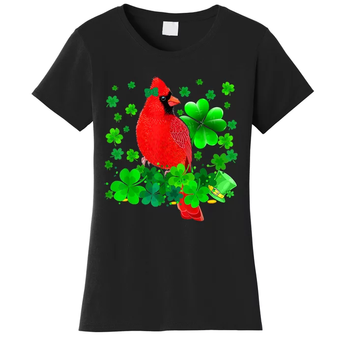 Happy St Patrick's Day Cardinal Bird With Shamrocks Lover Women's T-Shirt